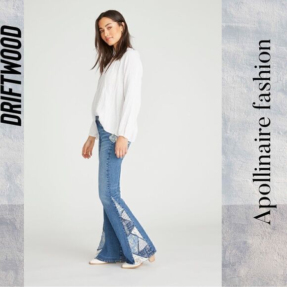 DRIFTWOOD FARRAH FLARE PATCH UP JEANS NWT POOL BLUE - Picture 2 of 9